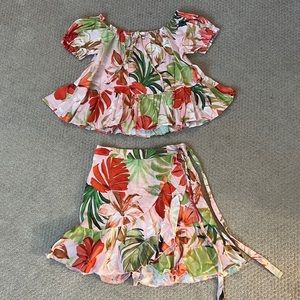 Zara two piece tropical pink floral skirt set